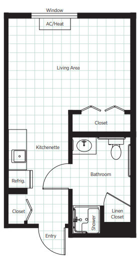 A simple apartment floor plan featuring a living area, kitchenette, bathroom, and closet.