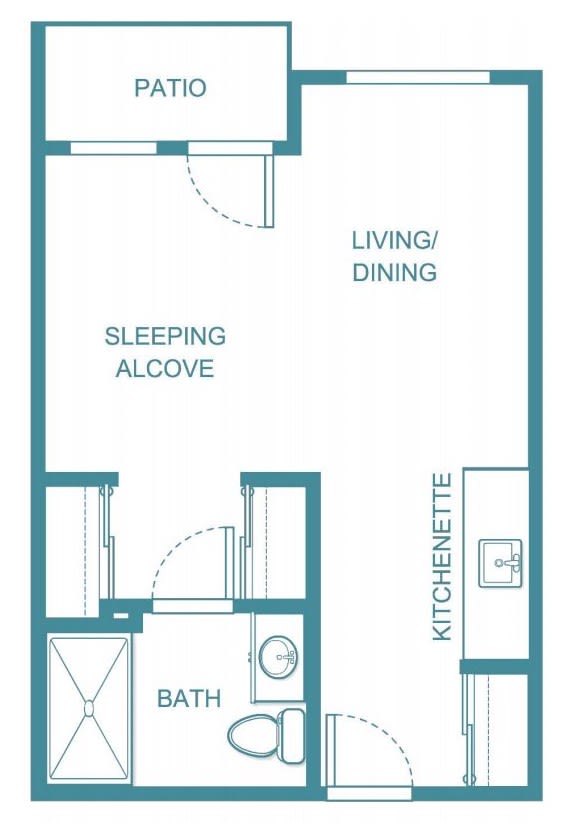 Studio apartment floor plan showing a sleeping alcove, living/dining area, kitchenette, and bathroom.