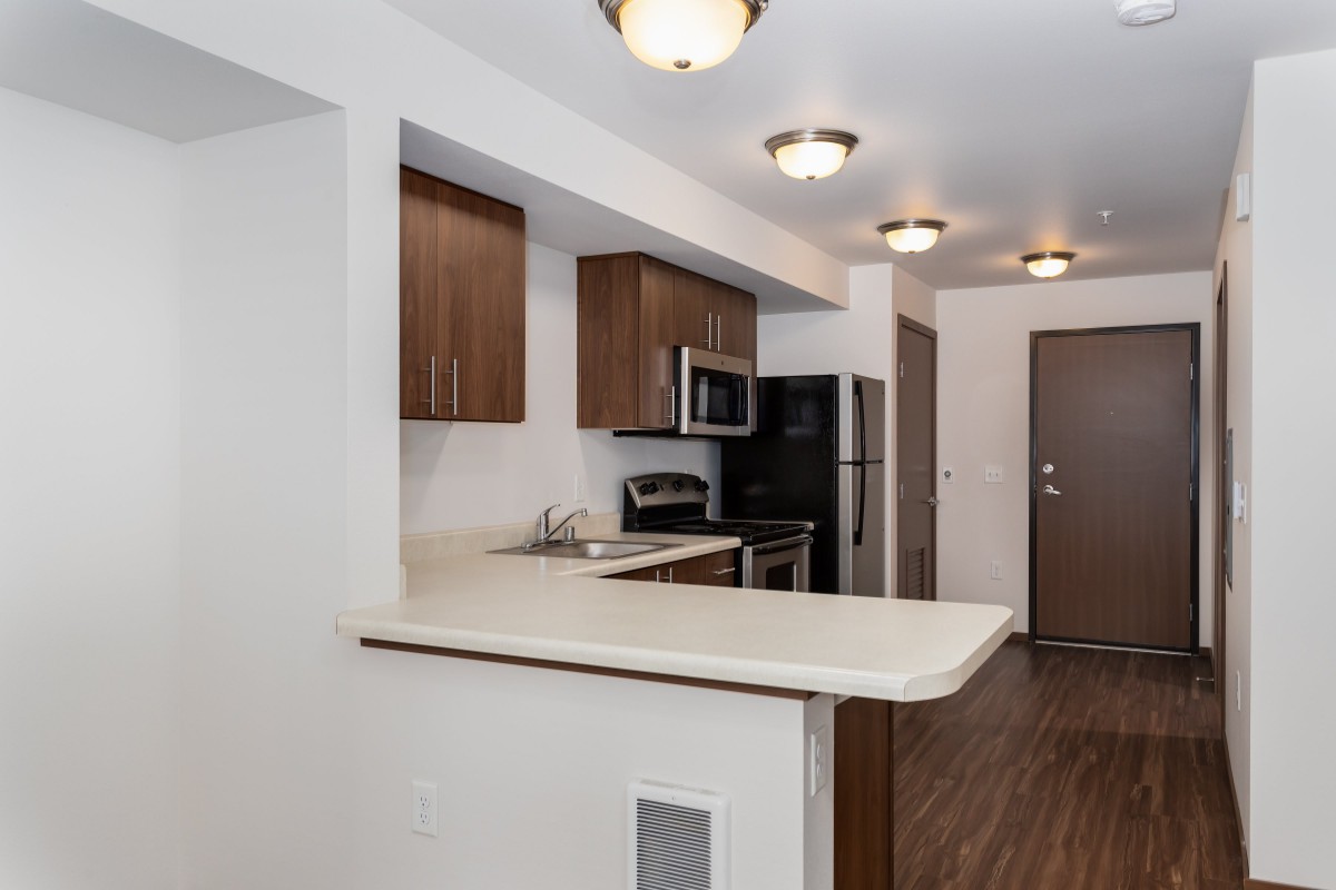 A modern apartment kitchen featuring wood cabinets and stainless steel appliances.