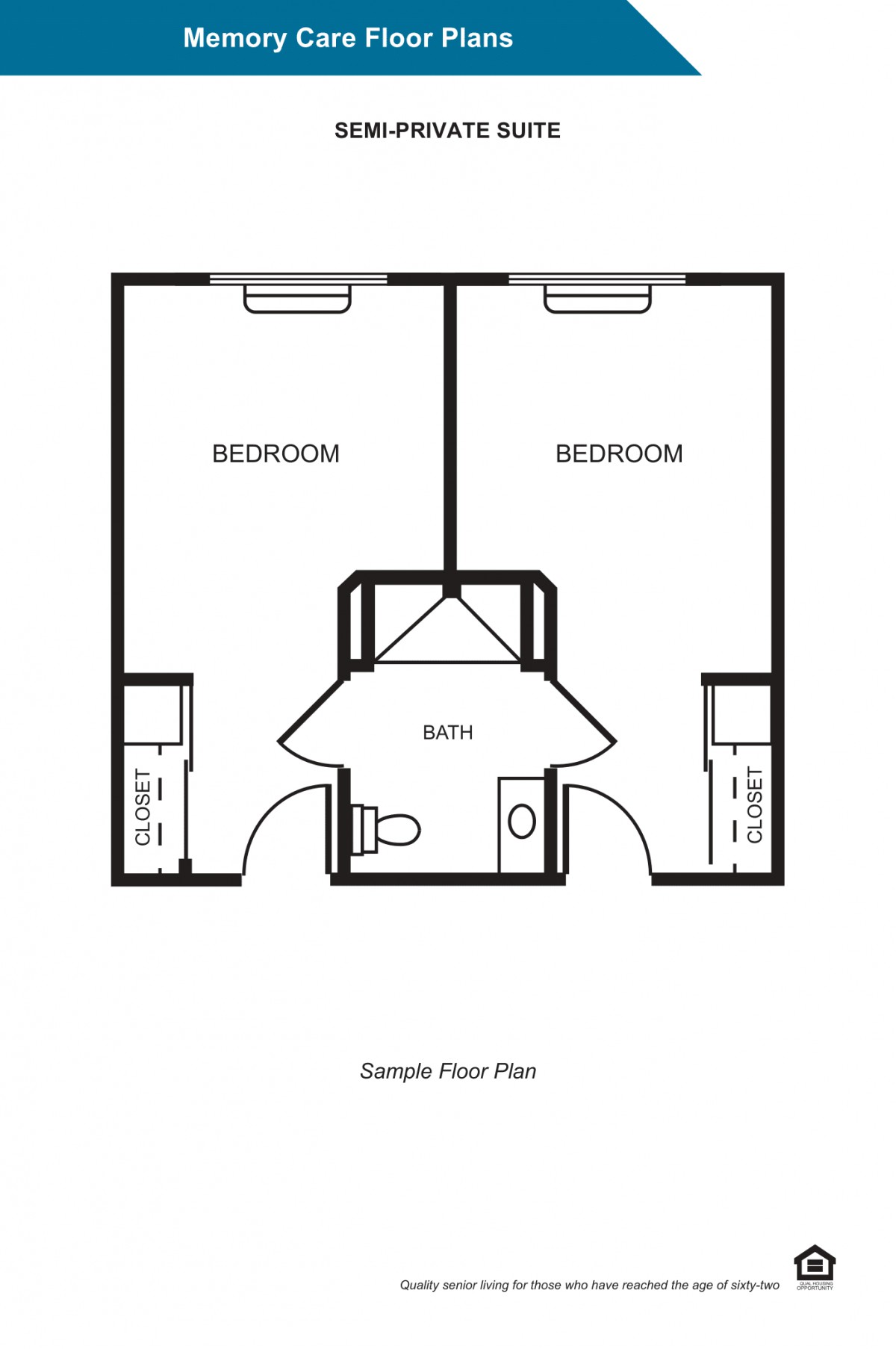 A sample floor plan featuring two bedrooms and a central bathroom.
