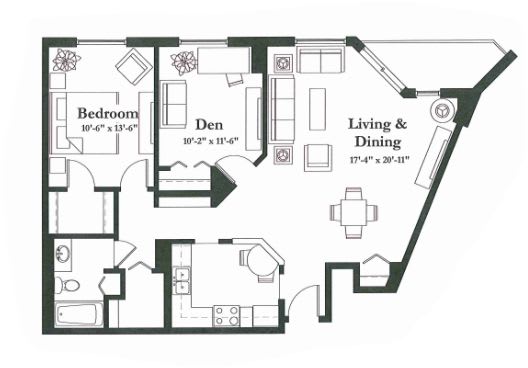 A detailed floor plan of an apartment featuring a bedroom, den, kitchen, and living-dining area.
