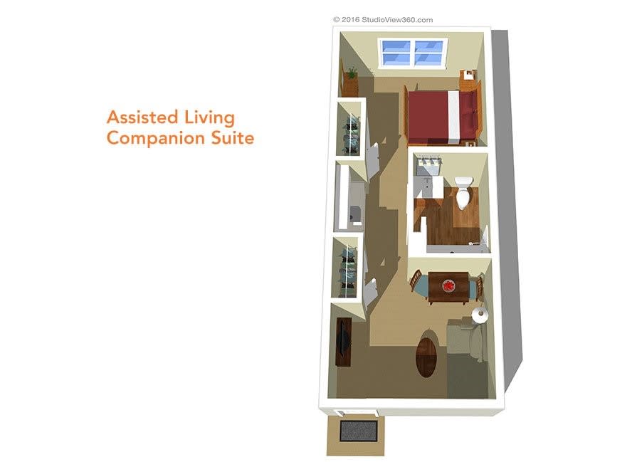 3D floor plan of an Assisted Living Companion Suite.