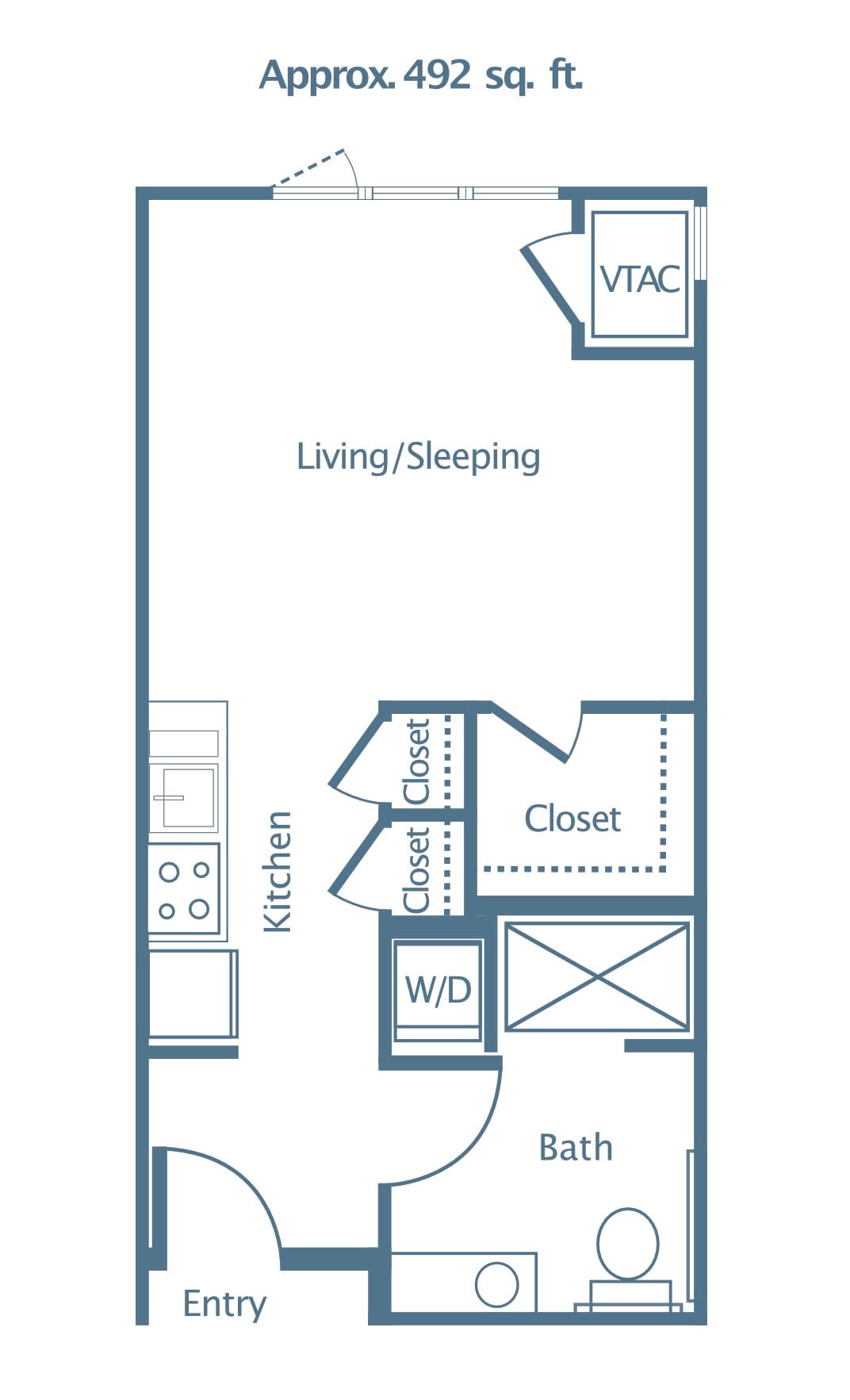 Studio apartment floor plan with a kitchen, living/sleeping area, closets, and washer/dryer.
