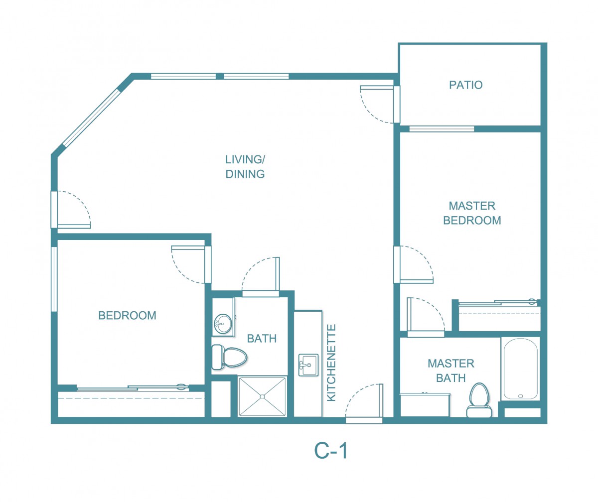 A floor plan of a two-bedroom apartment with living room, kitchen, and two bathrooms.
