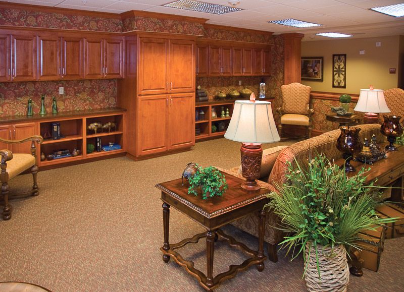 A cozy living room with wooden cabinets, a sofa, and decorative plants.