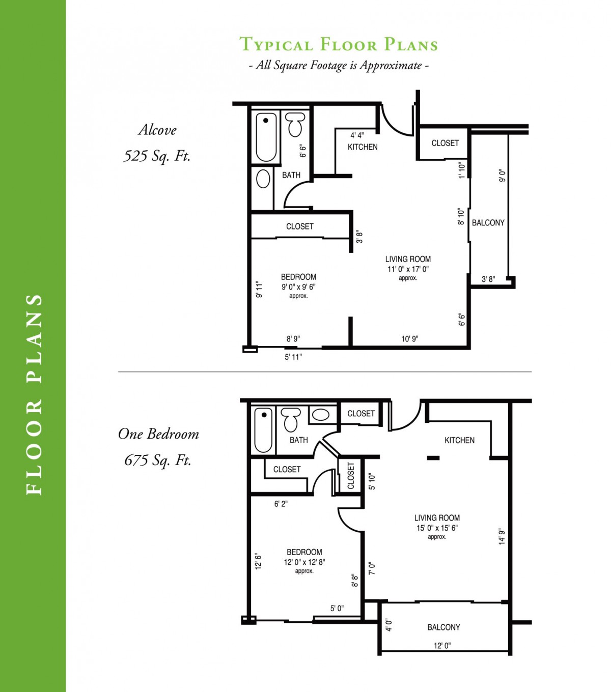 Floor plans for one-bedroom and two-bedroom apartments showing detailed layouts.