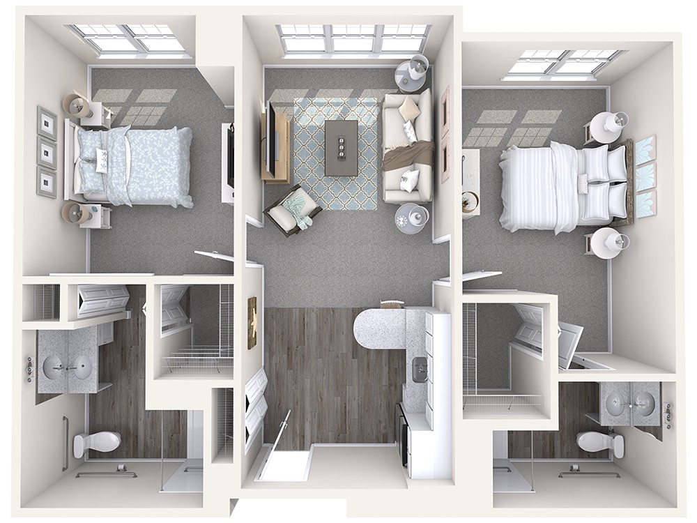 A floor plan of an apartment featuring two bedrooms, a living room, a kitchen, and bathrooms.