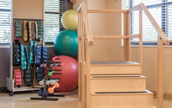 A gym space featuring exercise balls, dumbbells, and a small staircase for fitness or rehabilitation exercises.
