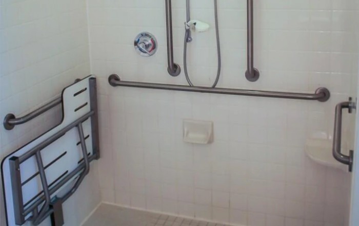 Accessible shower with grab bars for safety.