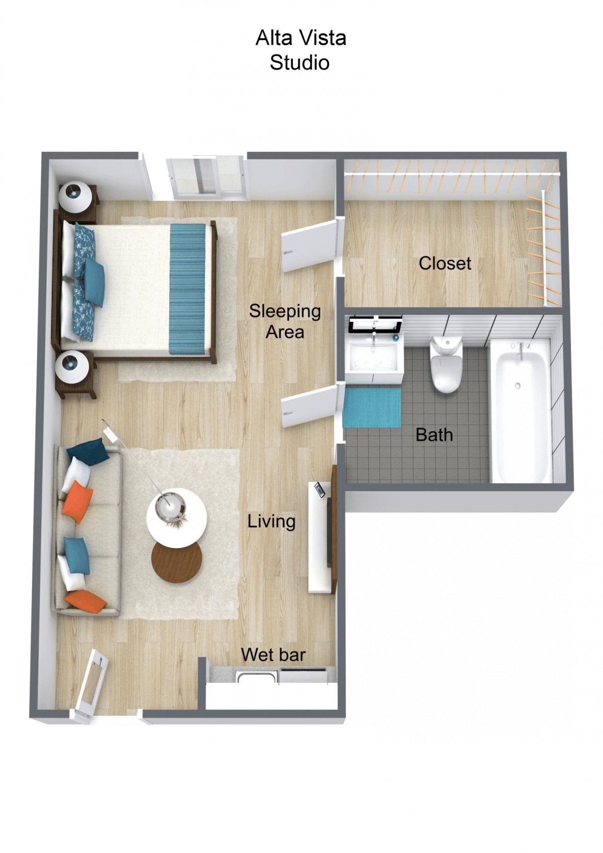 This is a floor plan of a studio apartment featuring a sleeping area, living space, bathroom, and closet.