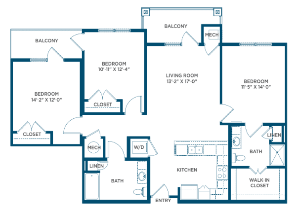 A detailed floor plan of an apartment featuring two bedrooms, a living room, kitchen, bathroom, and balcony.