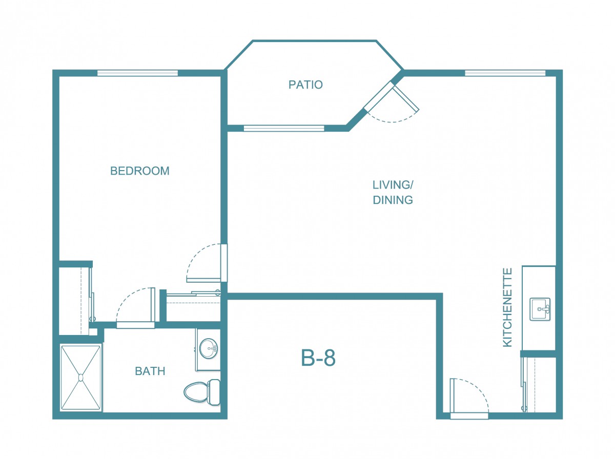 A floor plan of a one-bedroom apartment featuring a bathroom, living/dining area, kitchenette, and patio.