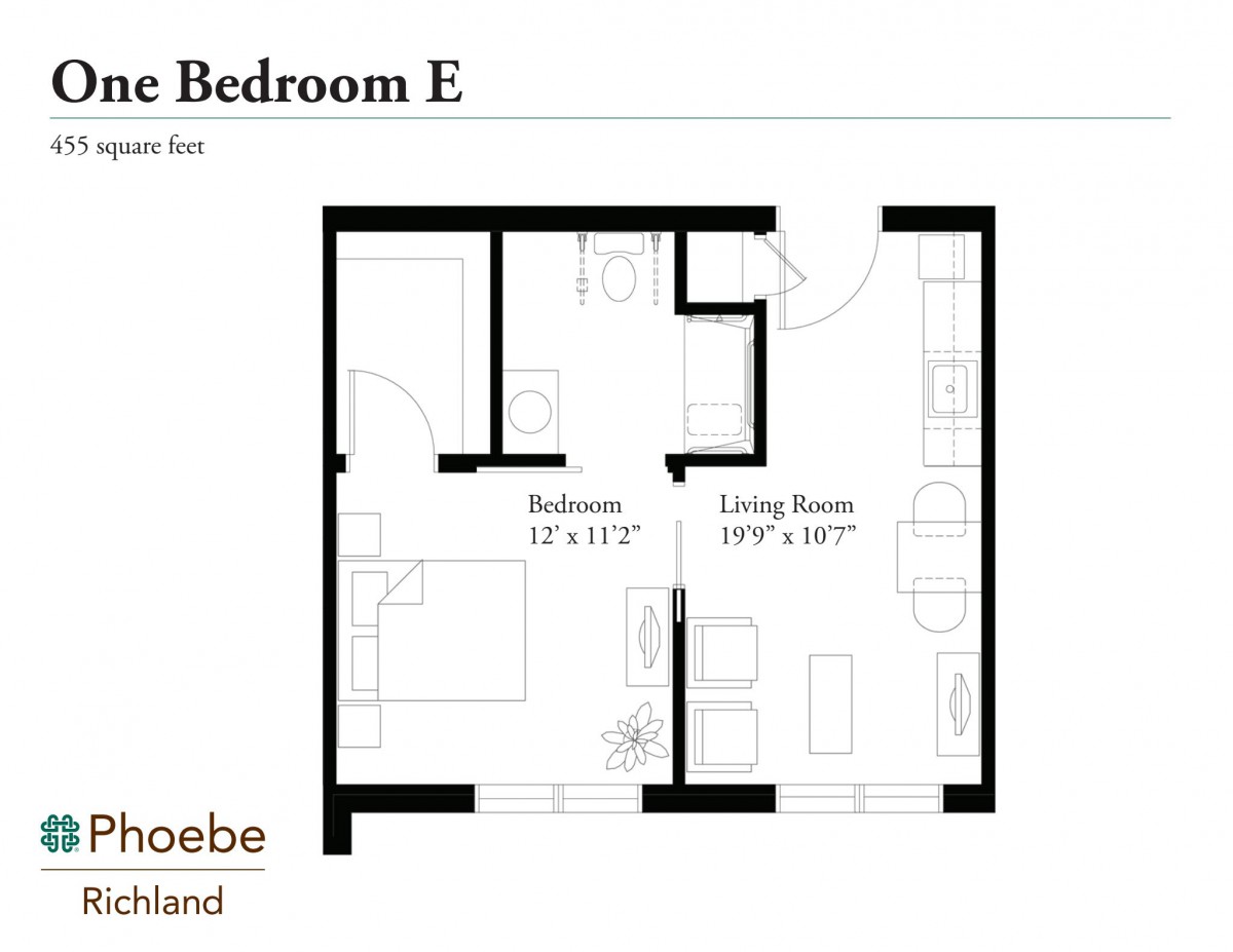Floor plan of a one-bedroom apartment with labeled rooms.