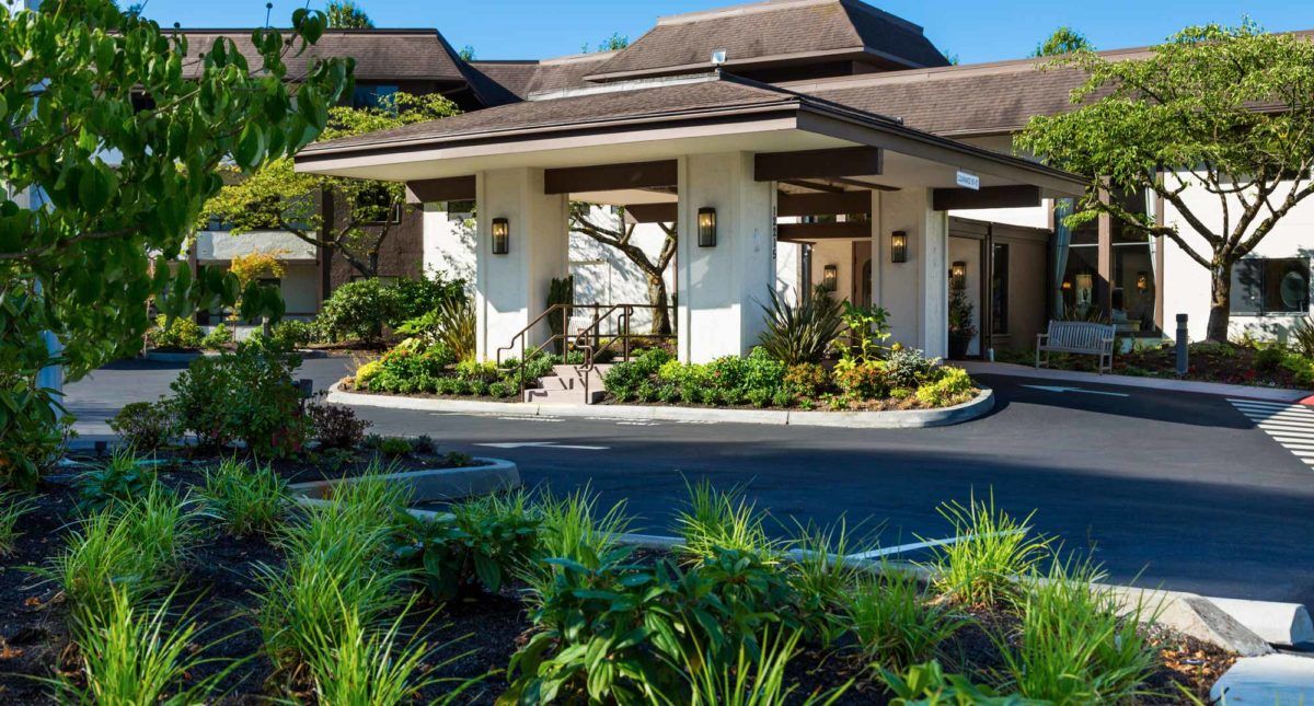 A well-landscaped entrance of a modern building, possibly a hotel.