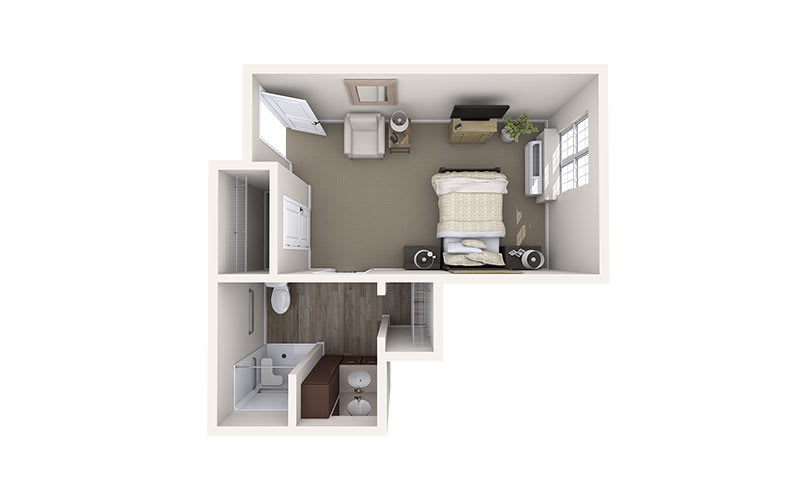 One-bedroom apartment floor plan with an attached bathroom.