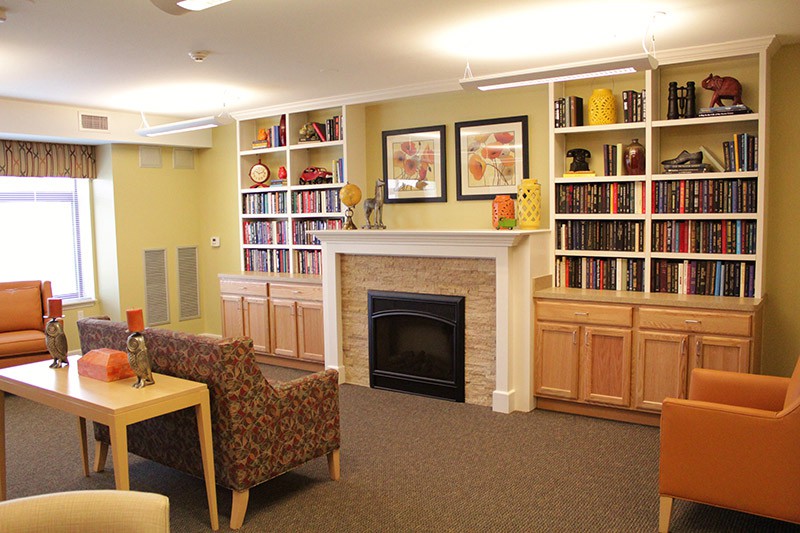 A cozy living room with a fireplace, surrounded by bookshelves and seating.