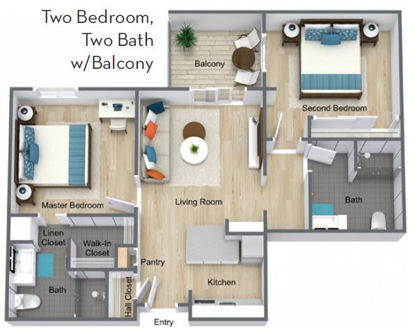 Two-bedroom, two-bathroom apartment floor plan with a balcony.