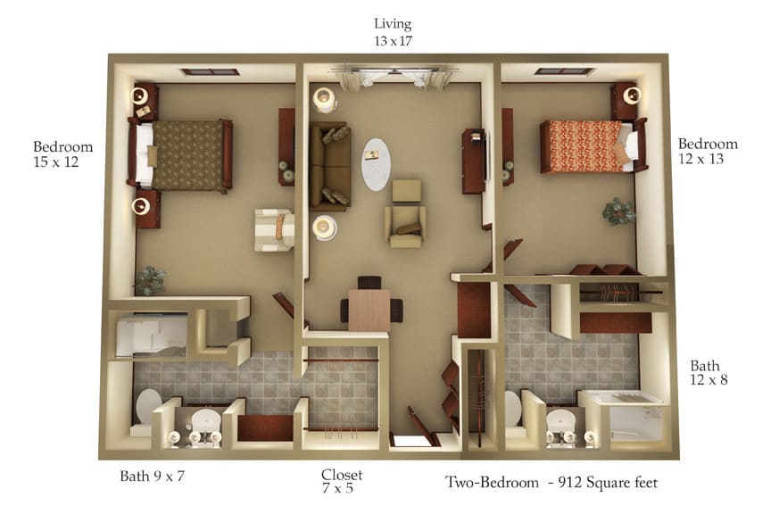 A floor plan of a two-bedroom apartment featuring a living room and kitchen area.