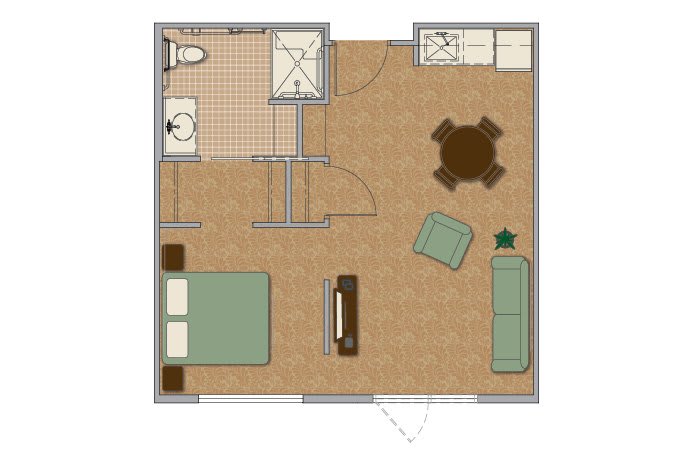 A simple one-bedroom apartment floor plan with a living area, kitchen, and bathroom.