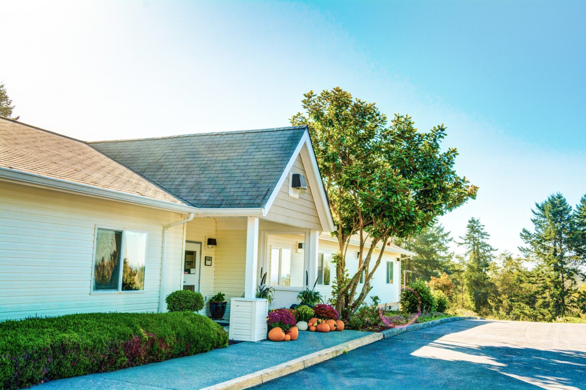 A sunny view of a residential house with trees and landscaping.