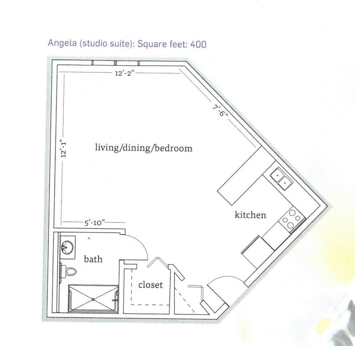 Floor plan of a studio apartment with kitchen, living/bedroom, bathroom, and closet.
