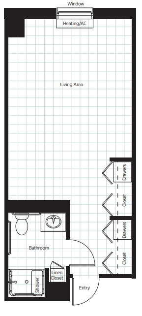 A simple architectural floor plan layout of a small apartment space.
