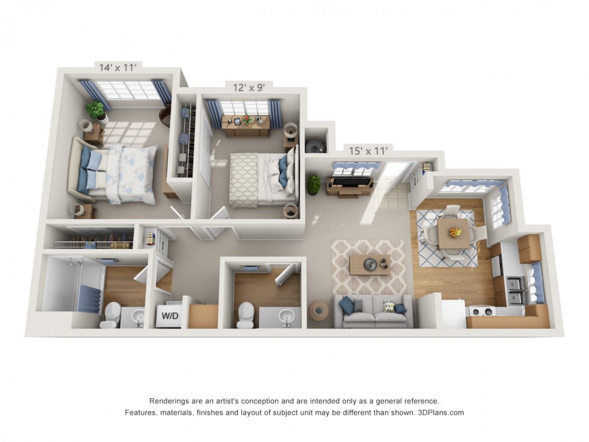 A 3D rendered floor plan of a modern apartment showcasing its layout and interior design.