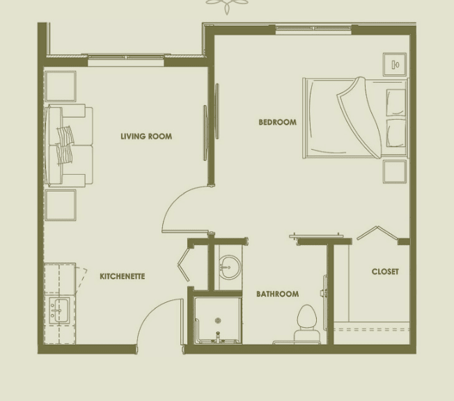 A simple one-bedroom apartment floor plan featuring a living room, kitchen, bathroom, and closet.