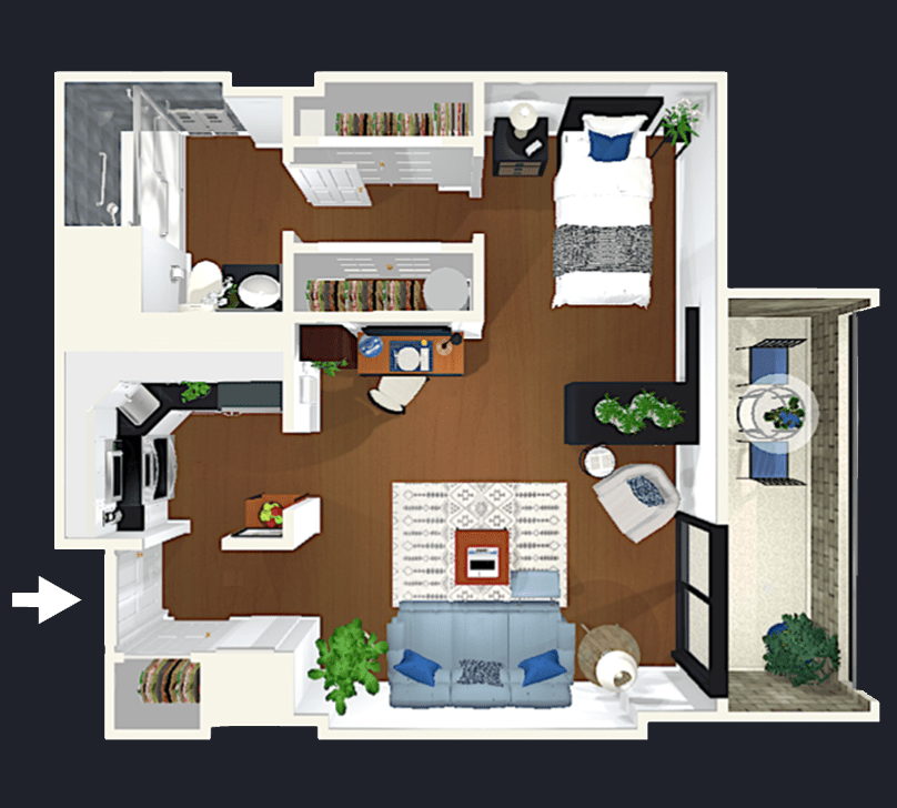 A detailed floor plan of a one-bedroom apartment with a living room, kitchen, bathroom, and balcony.