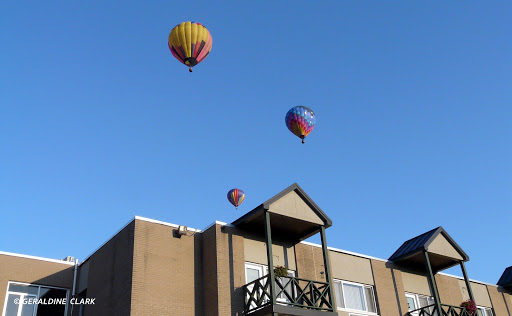 Colorful hot air balloons floating above a building under a clear blue sky.