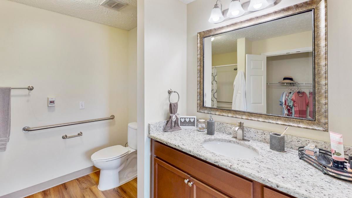 A clean and modern bathroom featuring a granite countertop, wooden cabinets, and a toilet with a towel rack.