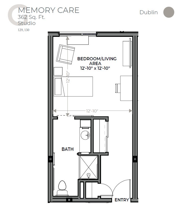 Studio apartment floor plan with living area and bathroom layout.