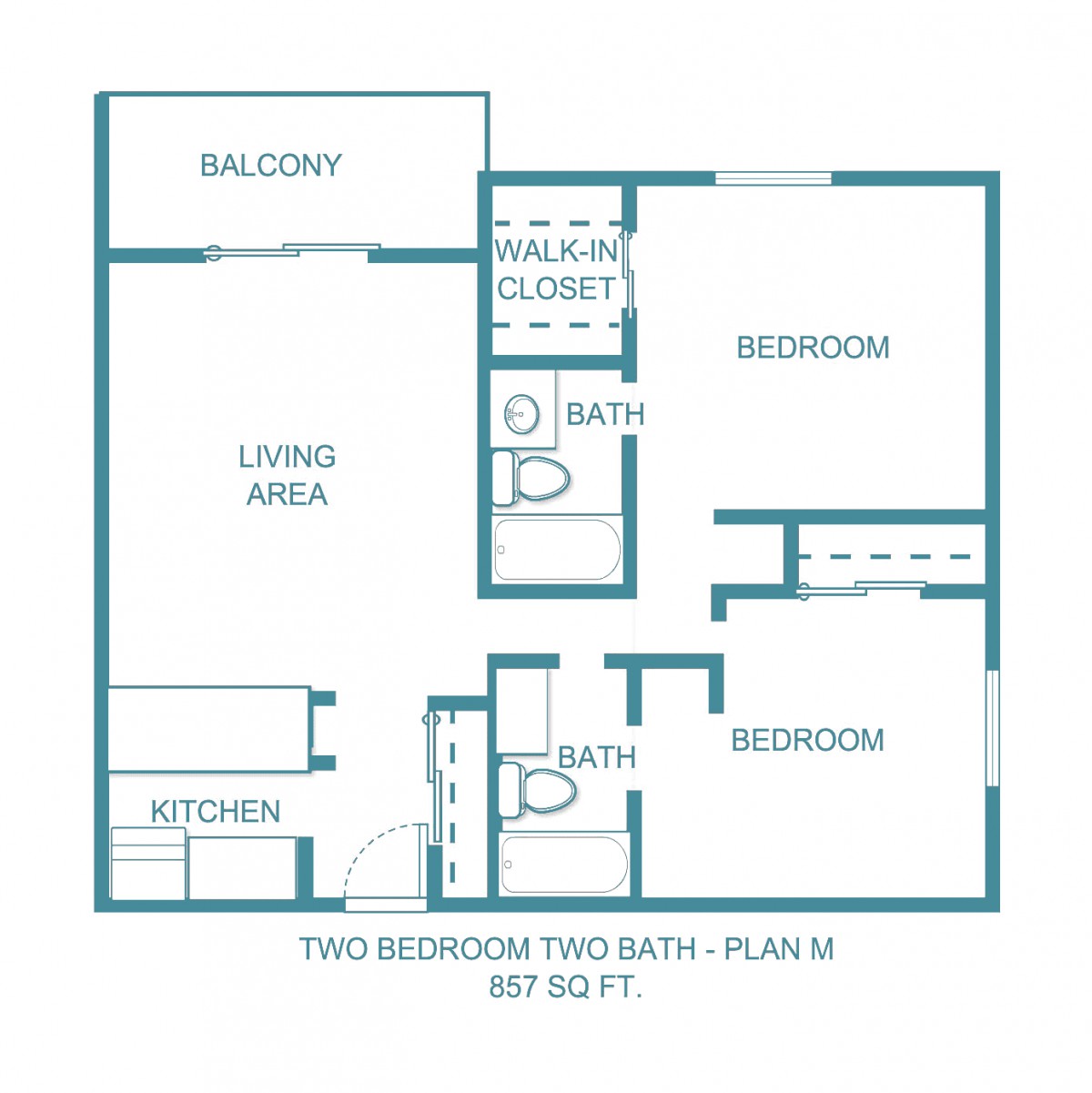 A floor plan of a two-bedroom, two-bathroom apartment with a balcony and living area.