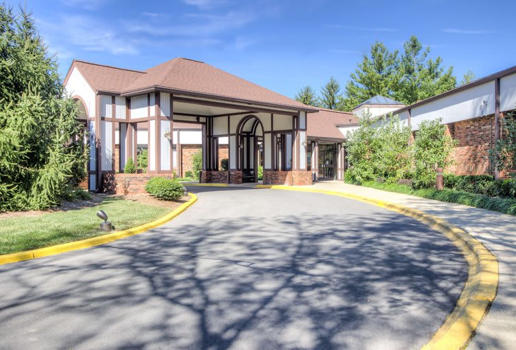 A sunny day view of a building entrance with a driveway and greenery.