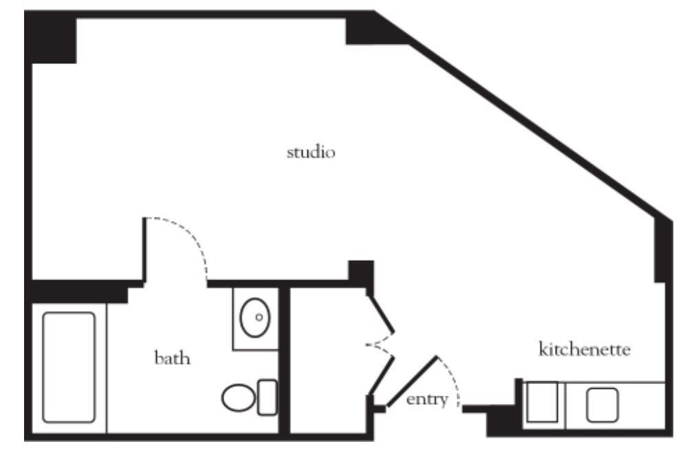 Studio apartment floor plan featuring a kitchen, bathroom, and entryway.
