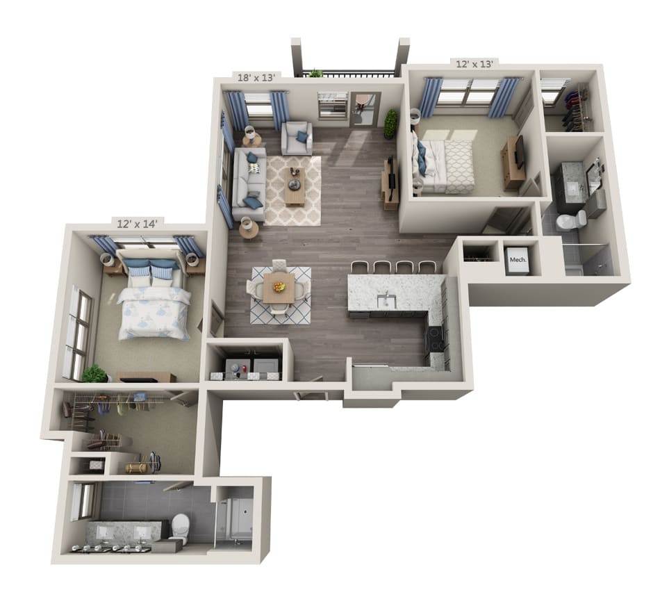 A 3D floor plan of a modern apartment featuring two bedrooms, a living room, kitchen, and bathroom.