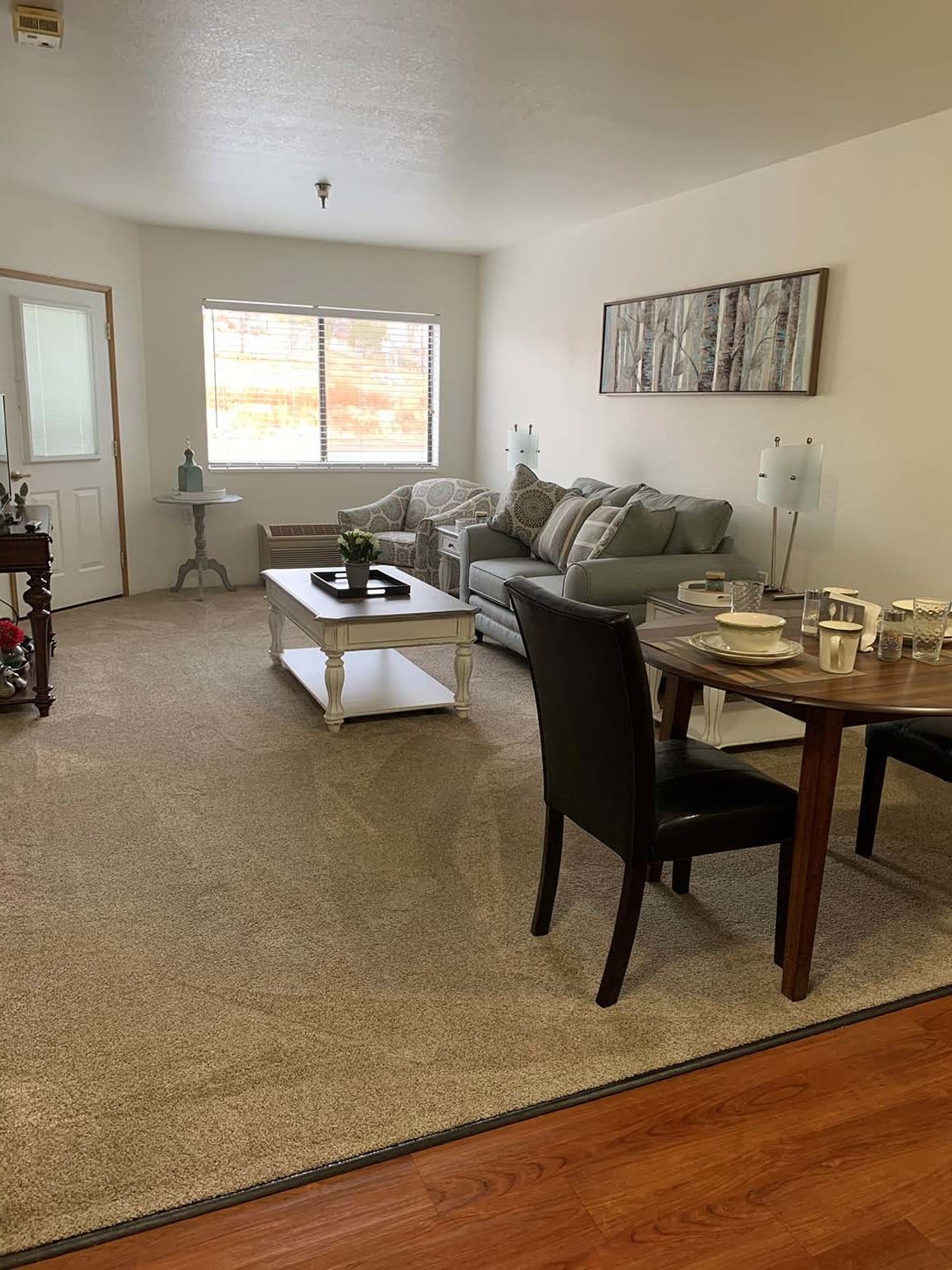 A cozy living room with a sofa, coffee table, dining table, and chairs.