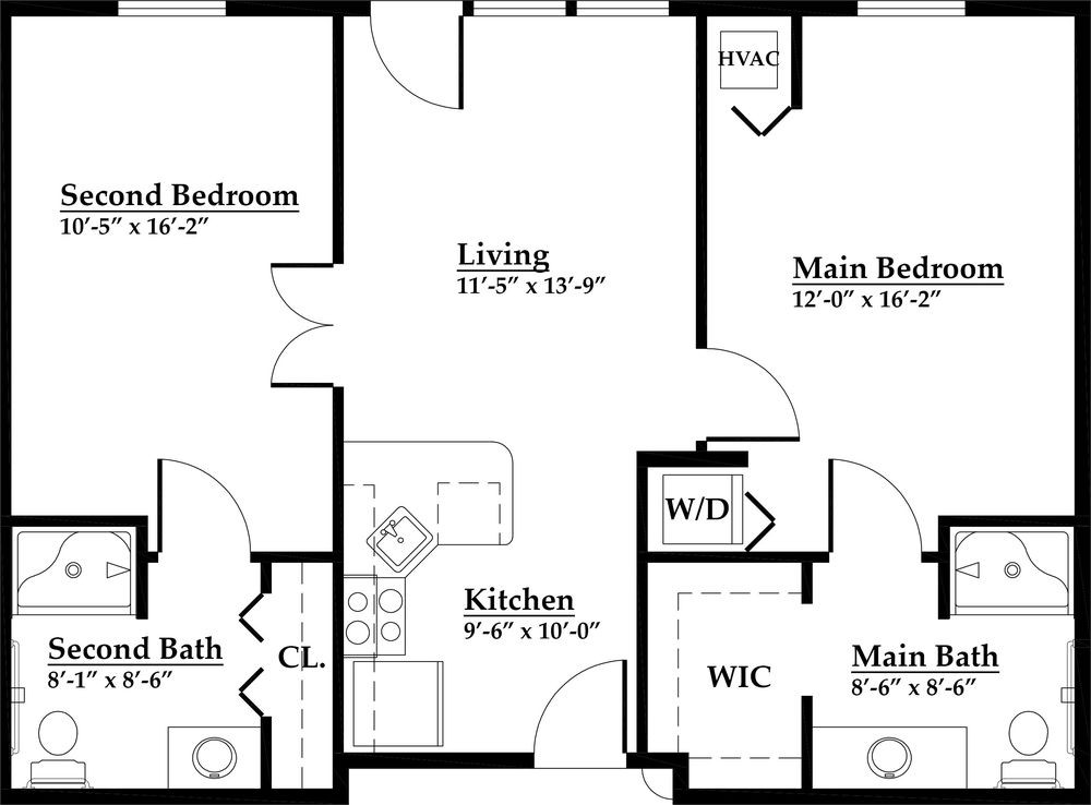A floor plan of a two-bedroom apartment featuring a kitchen, living room, and bathroom.