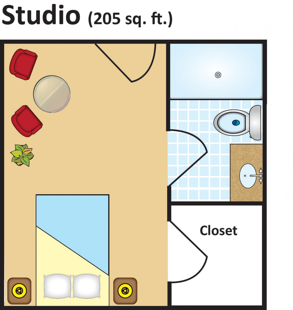 A layout of a 205 square foot studio apartment.