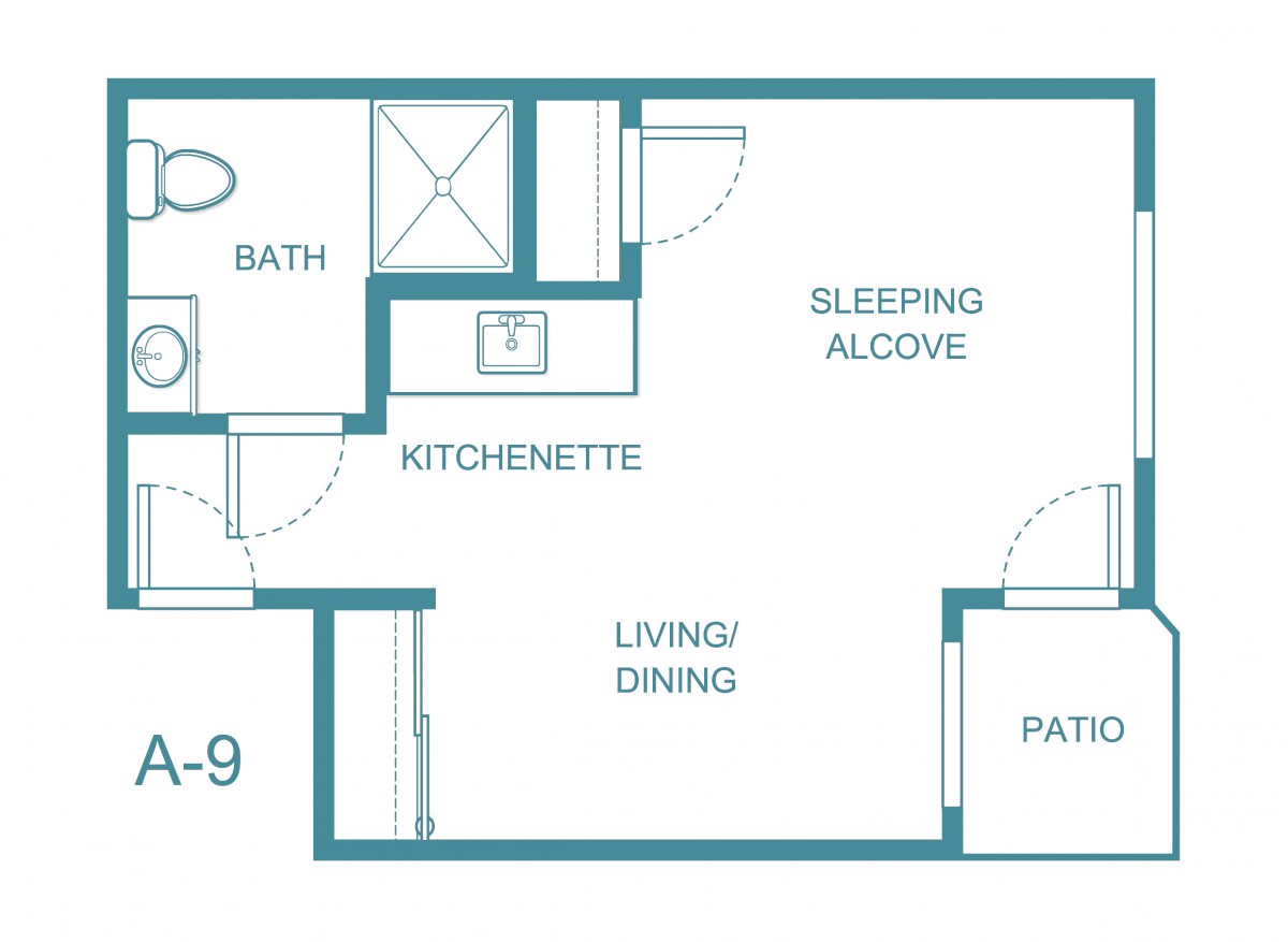 Studio apartment floor plan with a bath, kitchenette, sleeping alcove, living/dining area, and patio.
