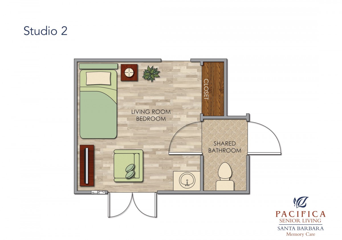 Small apartment floor plan featuring a bedroom and an attached bathroom.