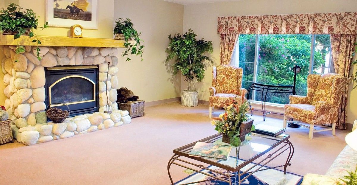 A cozy living room with a stone fireplace, decorative plants, and elegant furnishings.