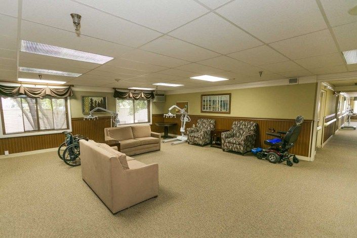A cozy basement living area with sofas and chairs arranged on a carpeted floor.