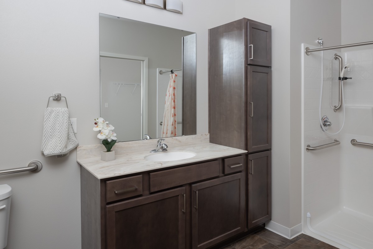 A modern bathroom with a vanity, large mirror, and storage cabinet.