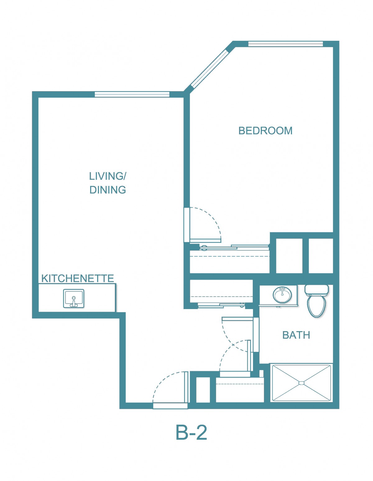 A floor plan of a one-bedroom apartment including areas for living/dining, kitchen, and bathroom.