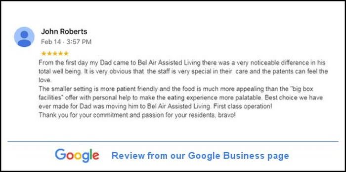 A positive Google Business review for Bel Air Assisted Living, highlighting exceptional staff and patient-friendly environment.