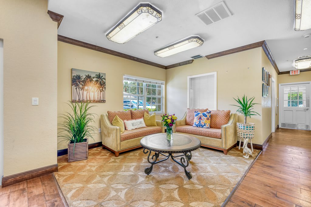 A cozy living room with two sofas, a coffee table, and decorative plants.
