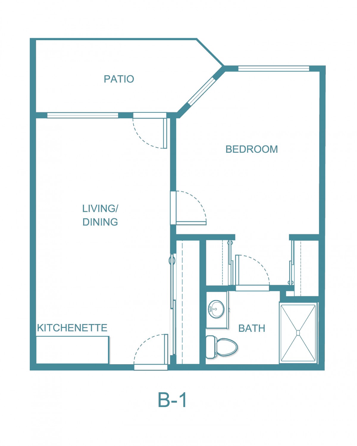 A simple floor plan of a one-bedroom apartment with a kitchenette, living/dining area, bathroom, and patio.