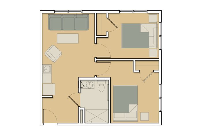 A floor plan of a small apartment featuring two bedrooms, a living room, kitchen, and bathroom.