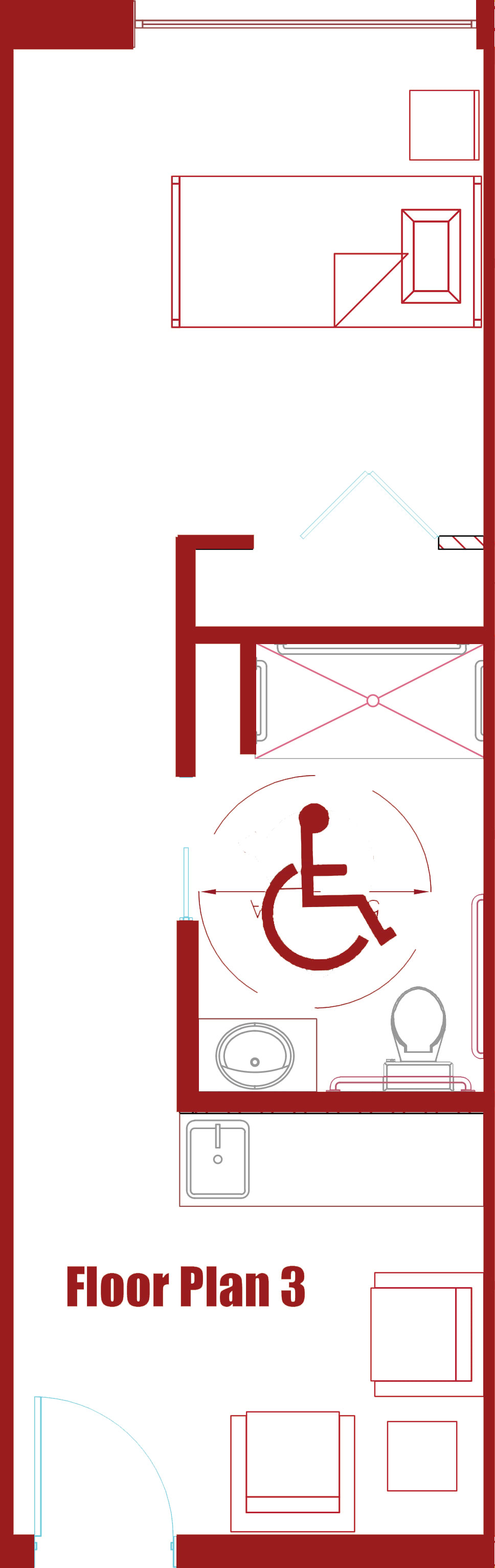A floor plan illustrating an accessible restroom layout with wheelchair access.